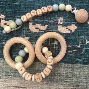 Finley Wooden Teething Ring and Pacifier Clip Set